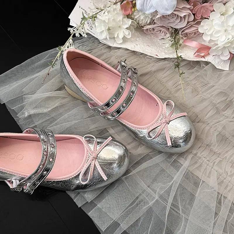 AIERTU  -  Pink Floral Pattern Low Heel Mary Jane Shoes Women Summer Comfort Silver Bowknot Ballet Flats Woman's Lolita Shoes Aiertu