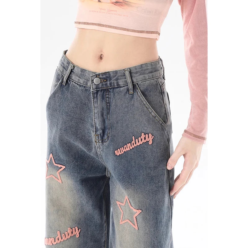 Aiertu American Blue Vintage Style High Waist Embroidery Jeans Pants Spring Women's Baggy Y2K Wide Leg Denim Trouser Female Clothes Aiertu