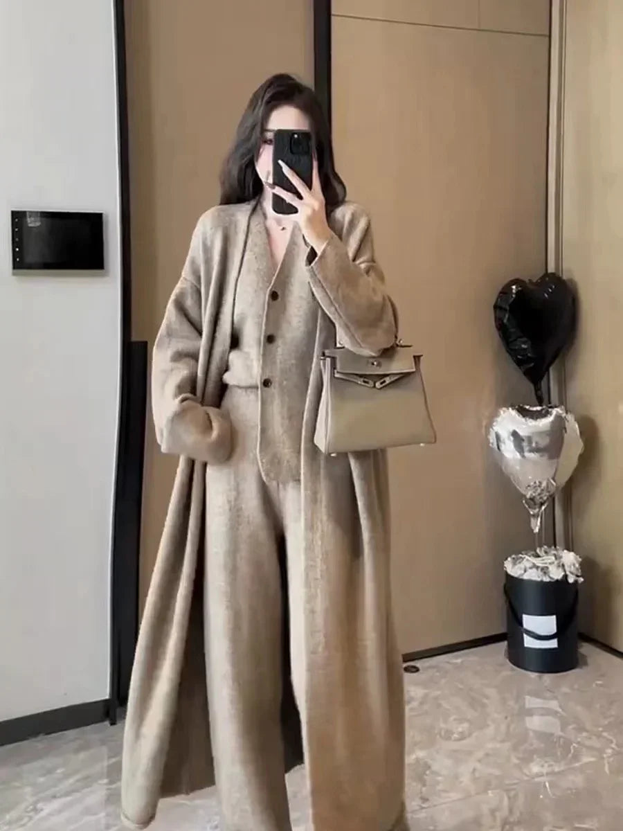 Aiertu New Autumn Winter Women Knitted Three Piece Set Cardigan Sweater + Single Breasted Vest Tops And Wide Leg Pants Fashion Elegant Aiertu