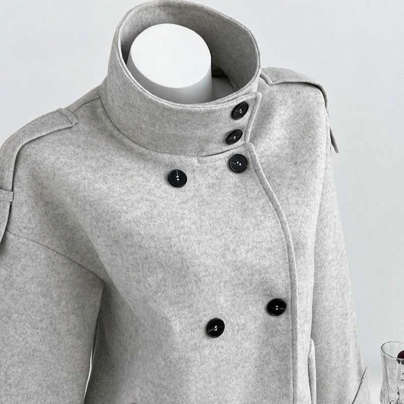 AIERTU  -  Women Double Breasted Jackets Solid Thick Stand Collar Outerwear Cropped Korean Style Retro Loose Fit Fall Winter Short Coats Aiertu