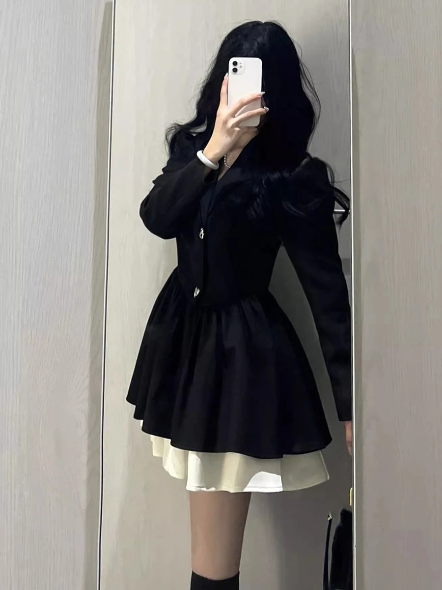 Aiertu Women's Black Patchwork Suit Dress Notched V-Neck Long Sleeve A-Line High Waist Autumn Elegant Office Lady Puffy Mujer Dress New Aiertu