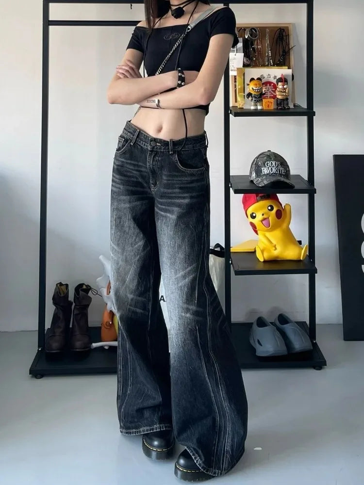 Aiertu Grunge Y2k Black Jeans Women Baggy Vintage High Street Oversized Denim Trousers Gothic Gyaru 2000s Acubi Fashion Jeans Aiertu