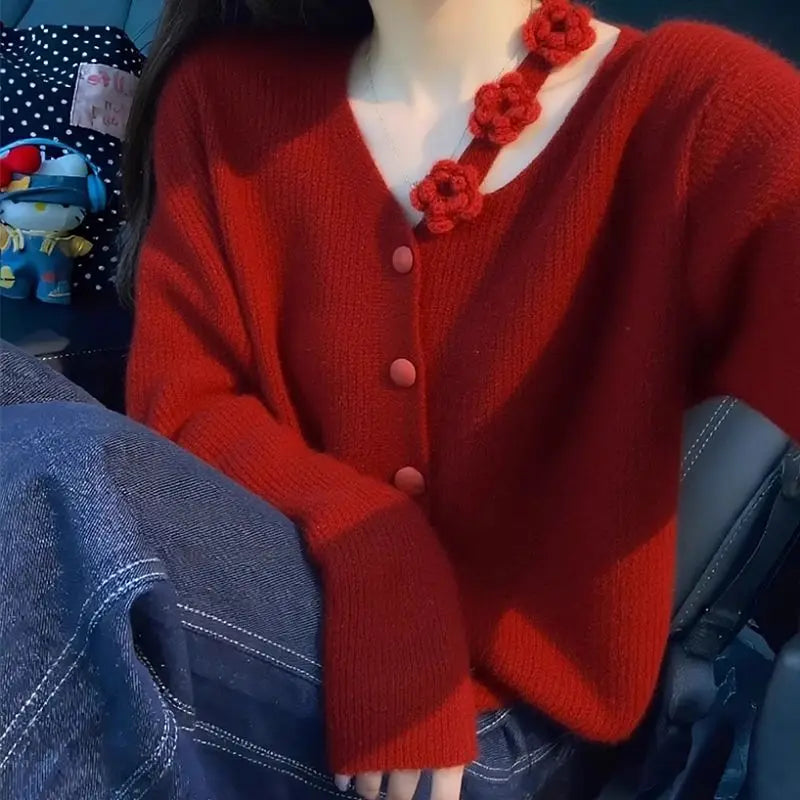 AIERTU  -  Plus Size Women Red V Neck Knit Cardigan 3D Flower Decor Lazy Style Sweater Coat Autumn Winter Casual Top Aiertu