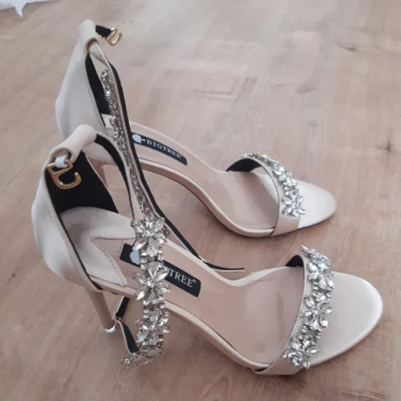 Aiertu Women Fetish 9cm High Heels Crystal Designer Sandals Lady Silk Wedding Bridal Heels Glitter Rhinestone Flower Satin Strap Shoes Aiertu