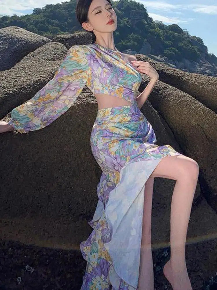 Aiertu Women Purple Print Sexy Club Slanted One Shoulder Slim Floral Ruffles Long Dress Summer Elegant Long Sleeve Party Evening Dress Aiertu