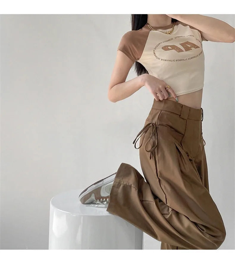 Aiertu Summer Japan Casual Style Solid Color High Waist Wide Leg Suit Pants Women's Fashion Loose Lace-up Full Length Trousers Aiertu