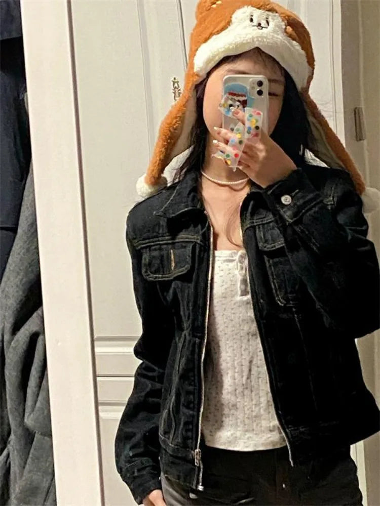 Aiertu 2024 Zipper Jeans Solid Coats Streetwear Fashion All Match Ins Chaquetas Mujer Women Turn Down Collar Punk Vintage Denim Jackets Aiertu