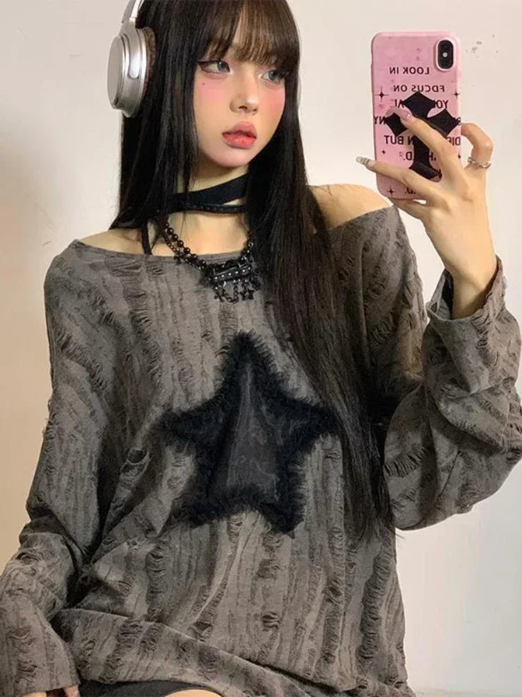 Aiertu Grunge Hole T-shirt Women Fashion Star Print Y2k Aesthetic Loose Tees Kpop Fairycore Ripped Tshirt Harajuku Gothic Streetwear Aiertu