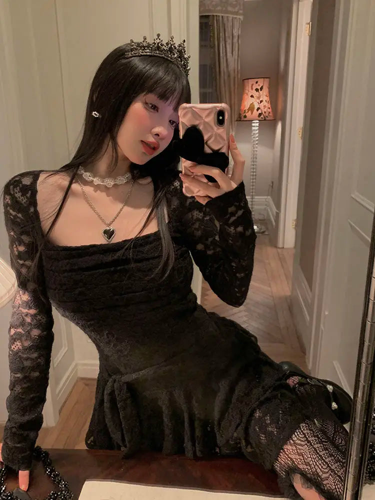 Aiertu Lace Basic Causal Women Dress Square Collar Slim Waist Tunic  All Match Dresses Y2k Aesthetic Sexy Fashion Elegant Vestidos Aiertu
