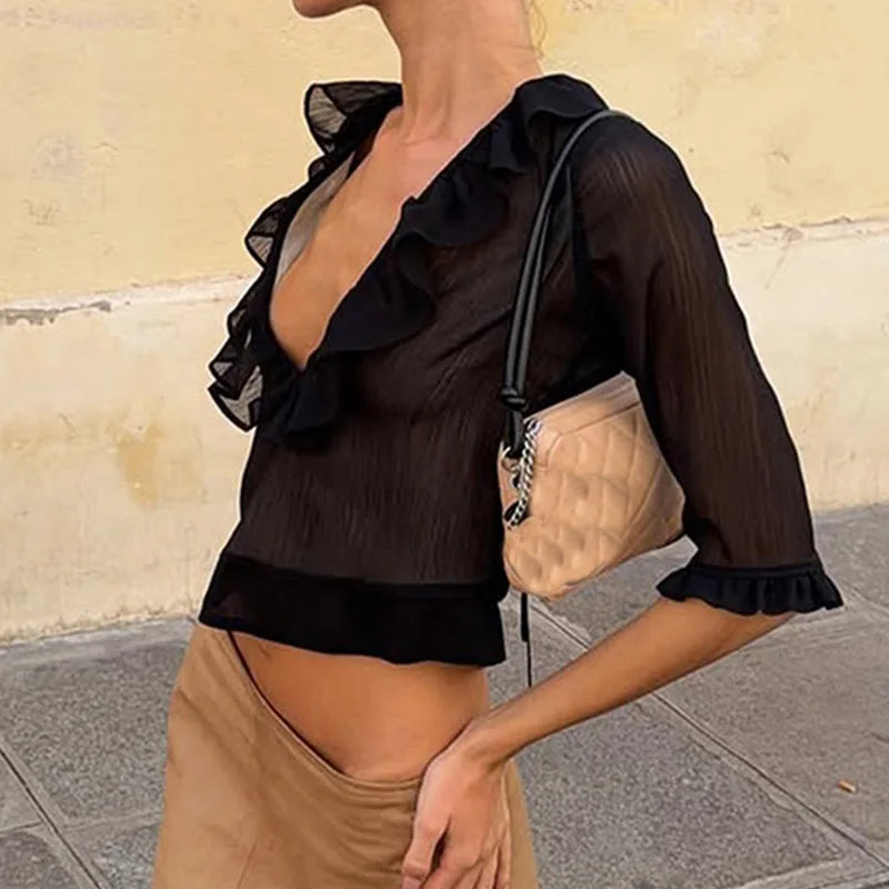 AIERTU  -  Sweetheart Crop Top Half Sleeve Ruffle Trim Slim Fit Sheer Night Out Party Cocktail Date Night Sheer Hem Cropped Top Aiertu