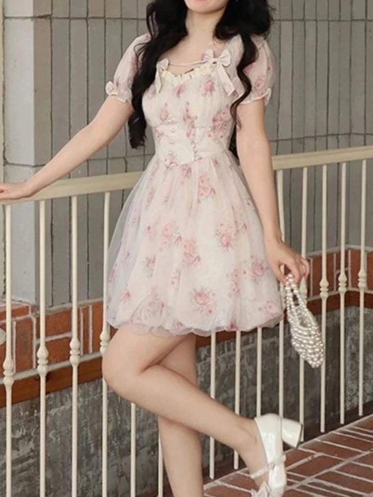 Aiertu Women Elegant Floral Print Casual Mini Dress Vintage Chic A-Line Slim Party Birthday Clothes Female Robe Vestidos Spring Summer Aiertu
