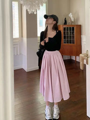 Aiertu Spring And Autumn New Fashion Women's Sweet Elegant High Waist Pleated Pink Zipper Half Length A-line Long Skirt Lady Sexy Party Aiertu