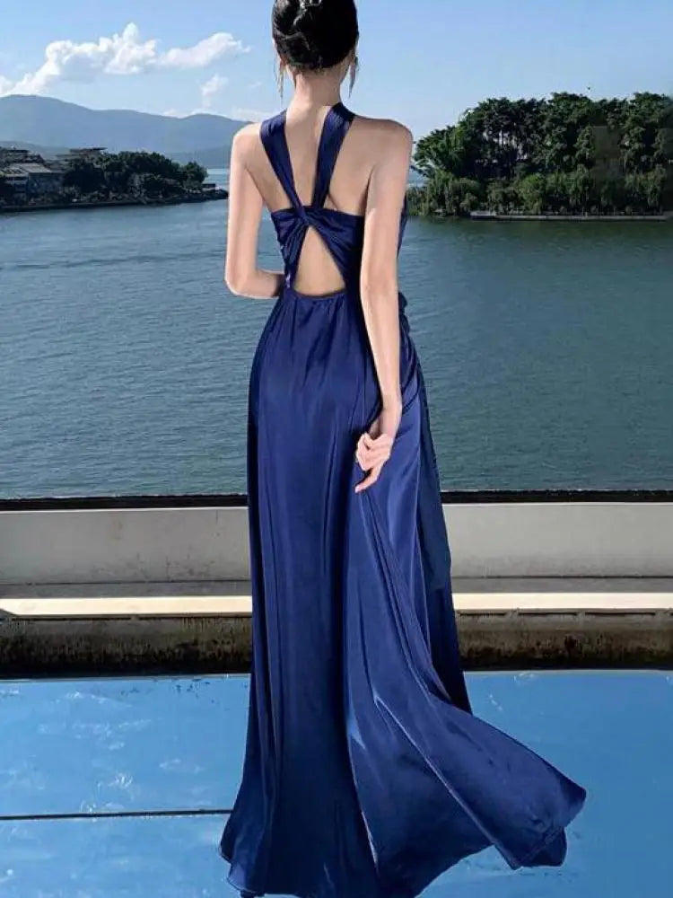 Aiertu Blue Slim Halter Backless High Split Maxi Dress Woman Elegant Pleated Sexy Birthday Party Evening Long Dress Summer Fashion Aiertu