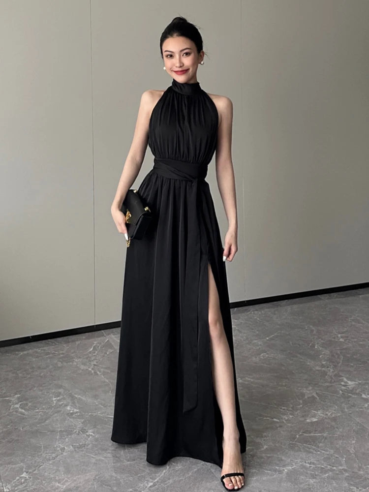 Aiertu Black Sexy Club Pleated Halter Split Dress Women 2024 Fashion Sleeveless Summer Lace Up High Waist Birthday Evening Party Dress Aiertu
