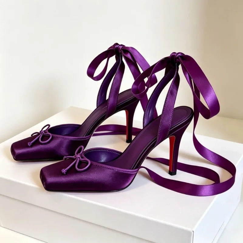 AIERTU  -  Satin Ankle Strap Ballet Style High Heels Women Square Toe Pumps Stiletto Heels Party Shoes Mules Elegant Designer Women Sandals Aiertu