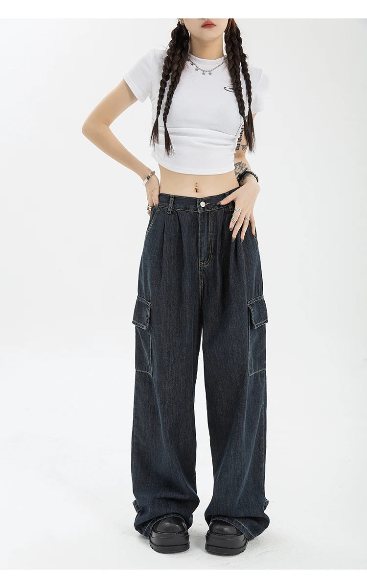 Aiertu Autumn Women Harajuku Cargo Baggy Blue Jeans Streetwear Hip Hop Oversize Casual Wide Leg Vintage Demin Pants Y2k Loose Trousers Aiertu
