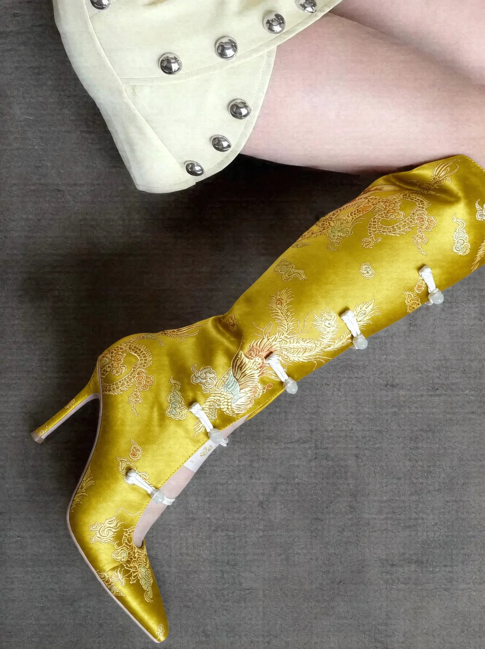 AIERTU  -  Retro Chinese Style Satin Pointed-Toe Knee Boots Brocade Embroidery Stiletto Heels Cutouts Design Unique Footwear Aiertu