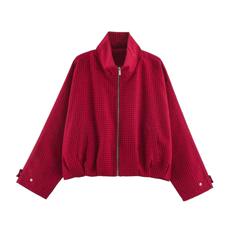 AIERTU  -  Women's Jacket Spring and Autumn New Fashionable Versatile Long-Sleeve Stand Collar Plaid Pilot Jacket Aiertu