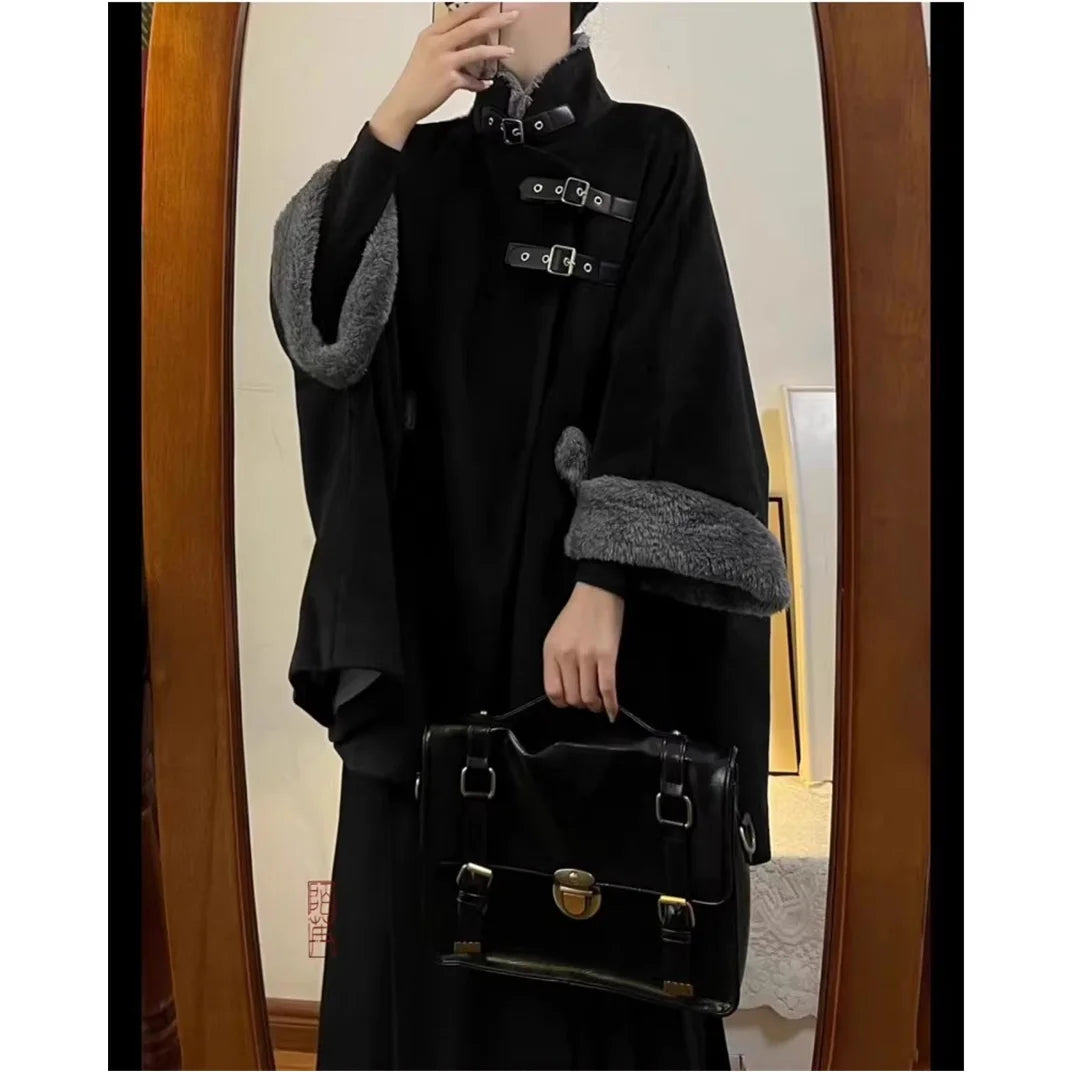 Aiertu Chinese Style Cloak Coat Women New Chinese High end Plush Capes Autumn and Winter Loose Causal Warm Black Coat Women Clothing Aiertu