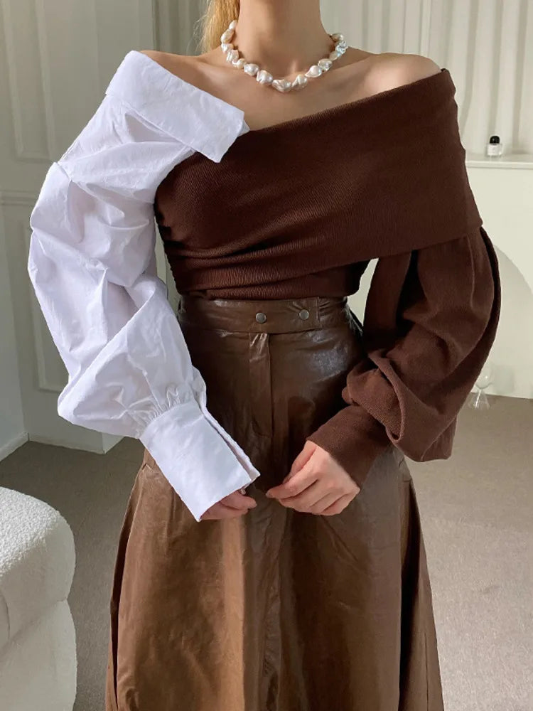Aiertu V-neck Long Sleeve Contrasting Color Queen 2024 Spring new Loose Top Korean Chic Ladies Sweater Off-the-shoulder clothing Aiertu