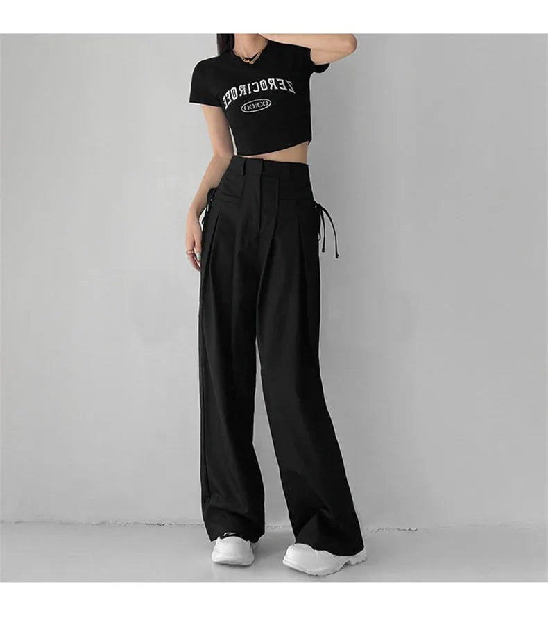 Aiertu Summer Japan Casual Style Solid Color High Waist Wide Leg Suit Pants Women's Fashion Loose Lace-up Full Length Trousers Aiertu