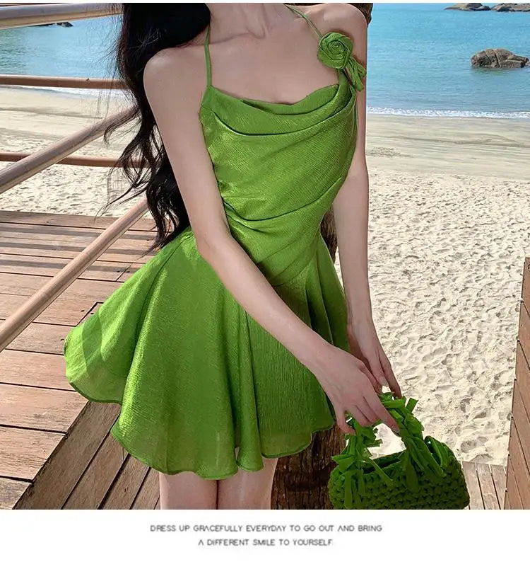 Aiertu Summer Green Sleeveless Slip Sexy Club Vacation Elegant Pleated Mini Dress 2024 New Fashion Evening Party Dress Women Streetwear Aiertu