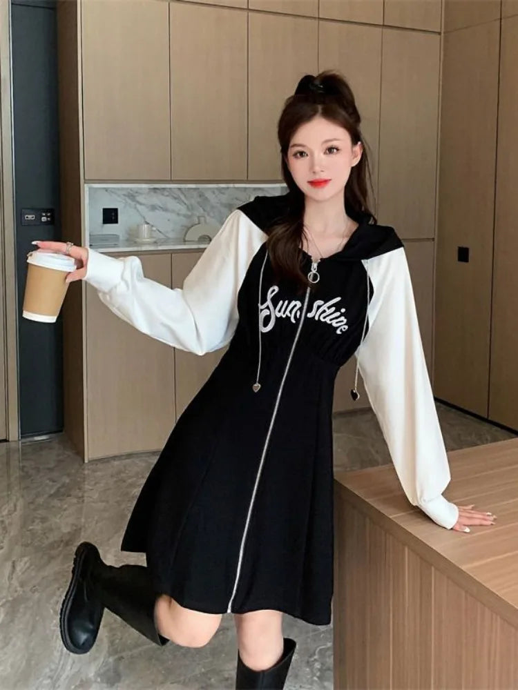 Aiertu Korean Style Oversize Hooded Dress Women Preppy Style School Student Casual Letter Sport Mini Short Dresses Autumn Aiertu