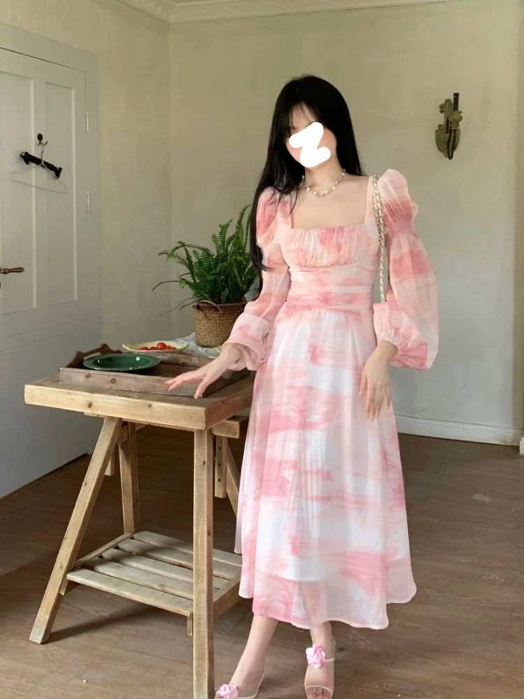 Aiertu Chiffon Long Sleeve Floral Midi Dress Chic French Slim Elegant Women Dress Casual Fashion Beach Style Office Lady Dresses Aiertu