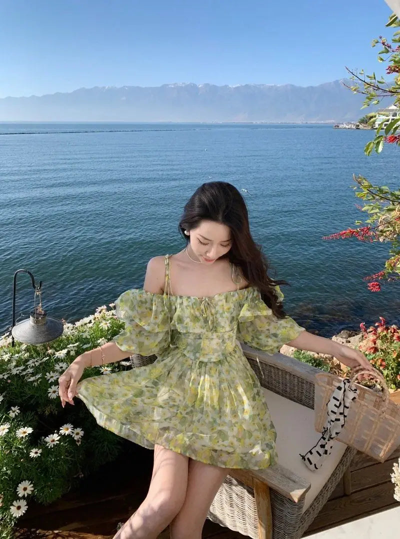Aiertu Dress Floral Suspender Backless Ruffles Summer 2024 Sexy Elegant Dress Women Clothing Female Short Korean Beach Outfits Dress Aiertu