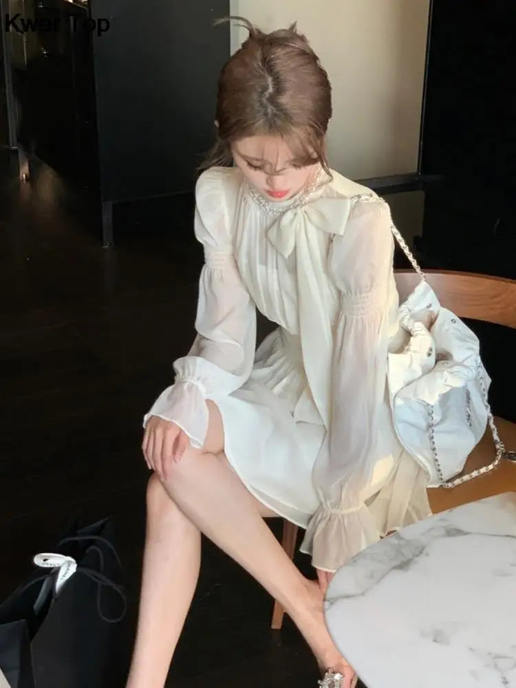Aiertu Elegant Chiffon Y2k Party Mini Dress Korean Women Fashion Long Sleeve One Piece Vestidos Spring Autumn Wedding Robe Aiertu