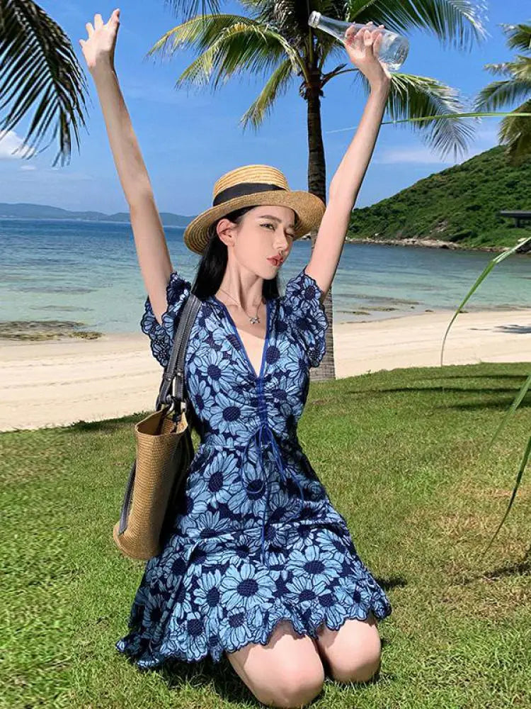 Aiertu Blue Daisy Flower Embroidery Hollow Out Dress Women Summer Flying Sleeve Lace Up Ladies Elegant Fashion Boho Holiday Mini Dress Aiertu