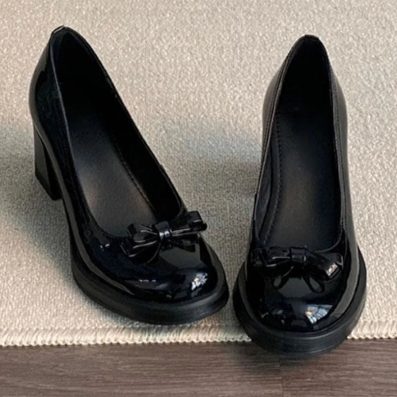 AIERTU  -  Vintage Bow Shallow Single Shoes Women Slip-On High Heels Block Heel Versatile Commuter Mary Jane Shoes Aiertu