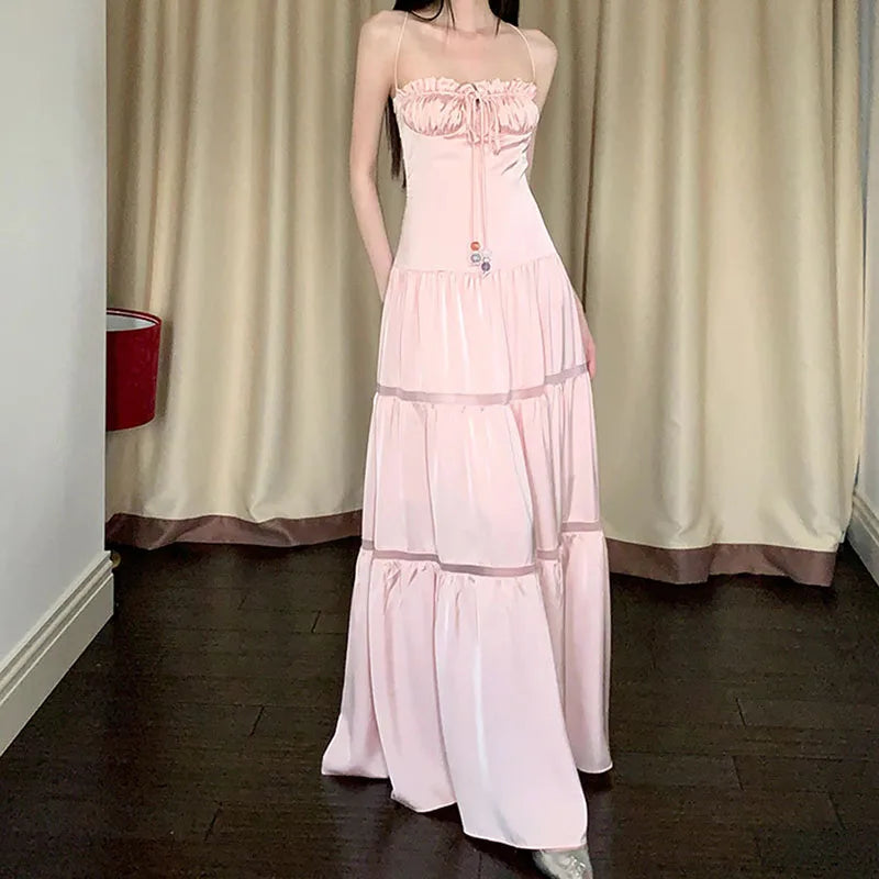 AIERTU  - Lady Dress Satin Pleat Lace Up Design Hollowed Out Splicing A-line Sleeveless High Waist Slim Solid Color Versatile Sling Dress Aiertu