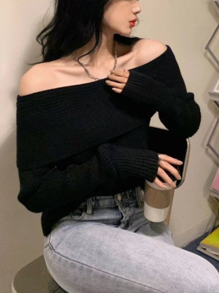 Women Sweater Off Shoulder Knitted Pullovers Female Korean Fashion Sexy Slash Neck Knitwear Top Lady Autumn Winter Slim Jumpers Aiertu