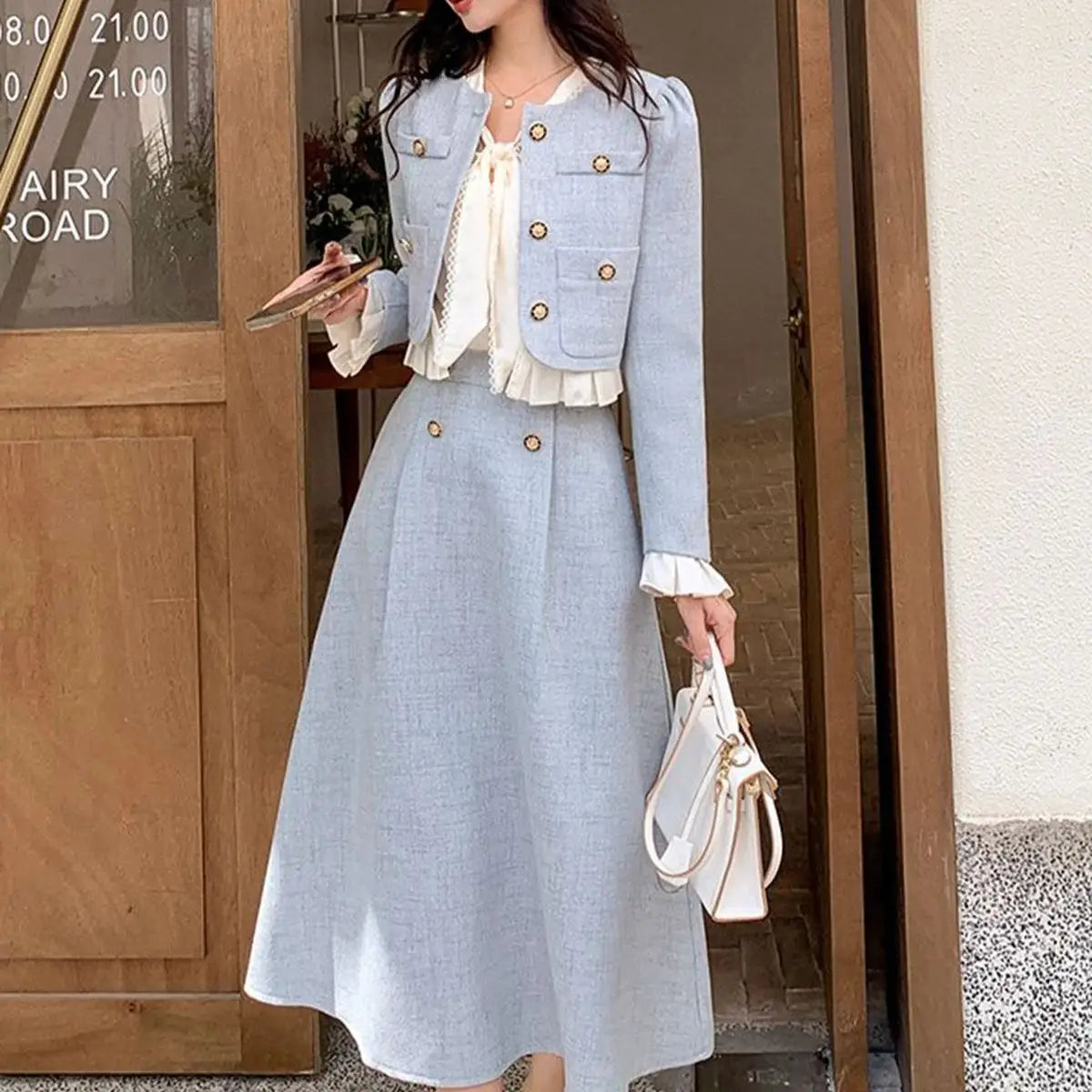 Aiertu Suit Short Long-Sleeved Jacket + Skirt Little Fragrance Blue 2024 Fall Two Piece Sets For Women Royal Sister Sense Of Luxury Aiertu
