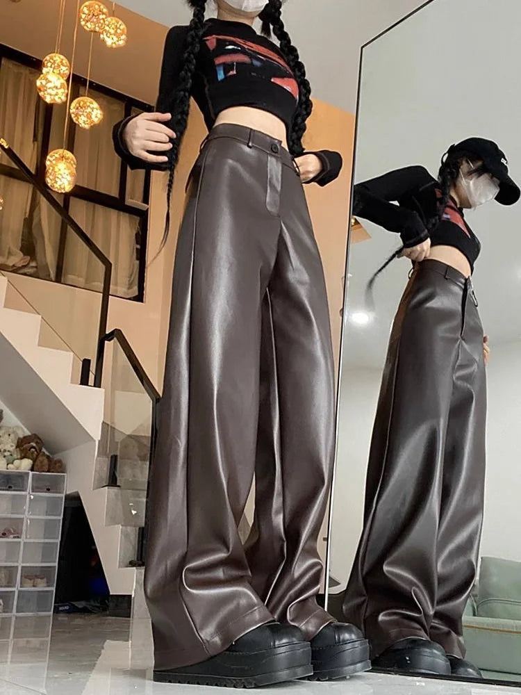 Aiertu PU Leather Straight Pant Black Women Autumn Wide Leg Leather Baggy Pants High Waist Casual Streetwear Loose Trousers Aiertu