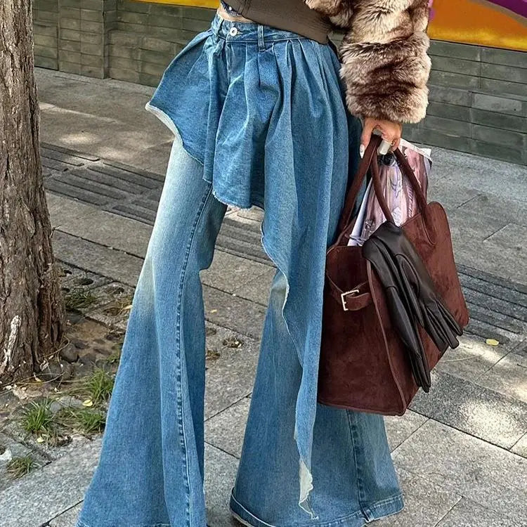 AIERTU  -  Y2k Denim Pants Women Irregular Ruffles Solid Spring Autumn American Retro Pantalones De Mujer Fake Two Pieces Trousers Aiertu