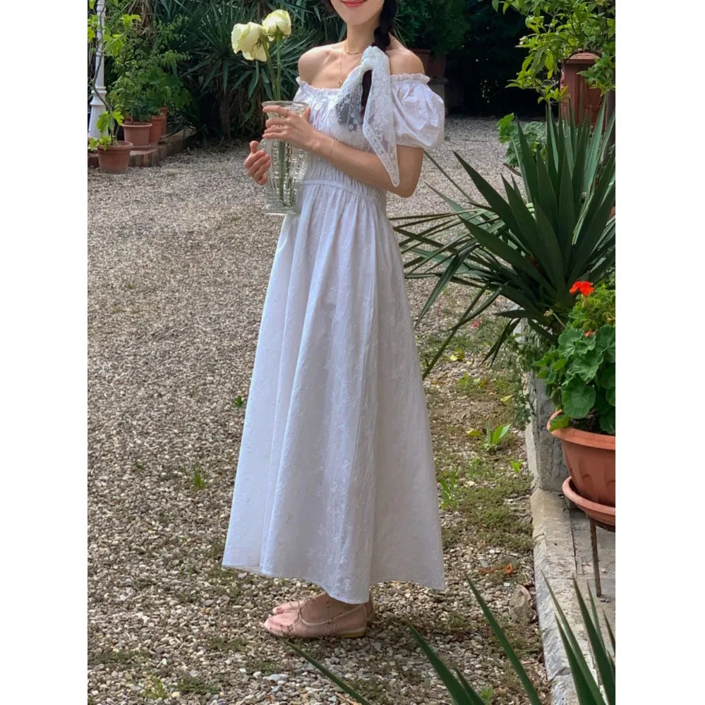 AIERTU  -  Retro Korean Style U-Neck Bubble Sleeve White Dress Women's Summer New Waist Cinched Maxi Freshwater Pearl Dress Aiertu
