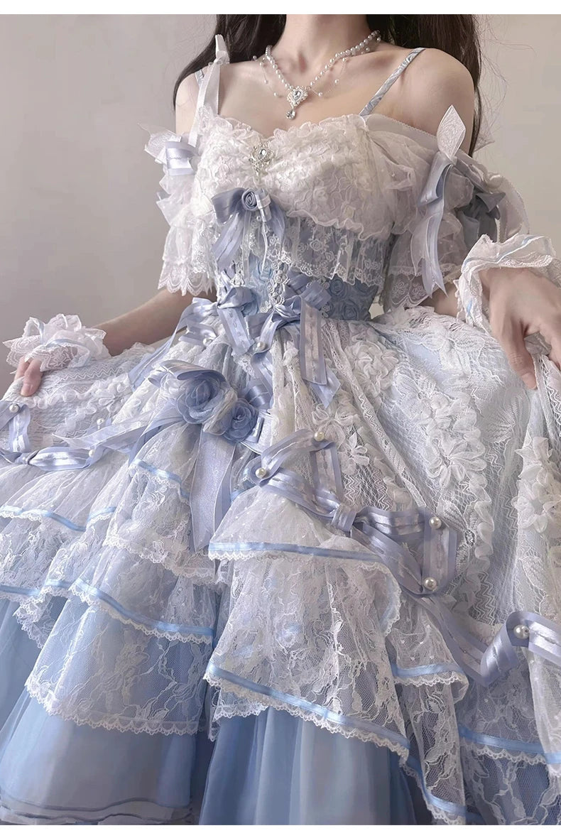 AIERTU  -  French Sweet Girl Original Lolitajsk Dress Lace Flower Wedding Dress Student Bar Mitzvah Blue Suspender Princess Dresses Aiertu
