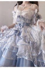 AIERTU  -  French Sweet Girl Original Lolitajsk Dress Lace Flower Wedding Dress Student Bar Mitzvah Blue Suspender Princess Dresses Aiertu