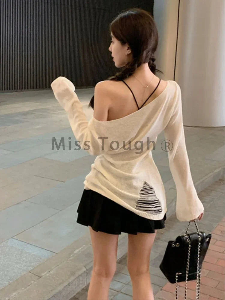 Winter Korean Fashion Oversized Sweater Women Harajuku Vintage Hollow Out Knitted Jumper Female Sexy Off Shoulder Y2K Tops 2024 Aiertu