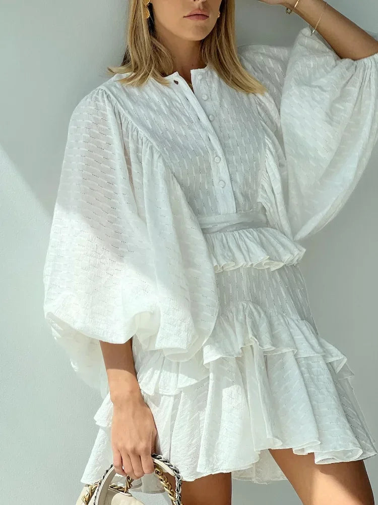 Aiertu Elegant Solid Ruffles Spliced Mini Dress For Women O Neck Long Lantern Sleeve Pleated Vestidos Summer Lady Party Street Dresses Aiertu