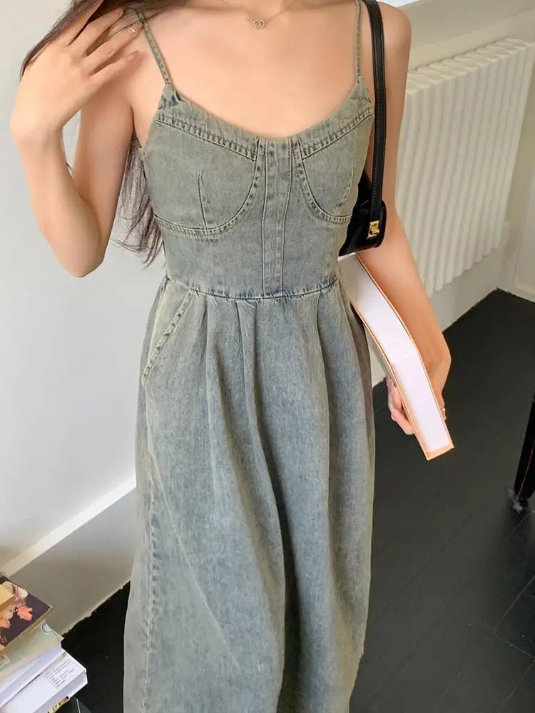 Aiertu Fashion V Neck Sexy High Waist Denim Dress Summer Women A Line Retro High End Long Dress Streetwear Jeans Slim Backless Dresses Aiertu