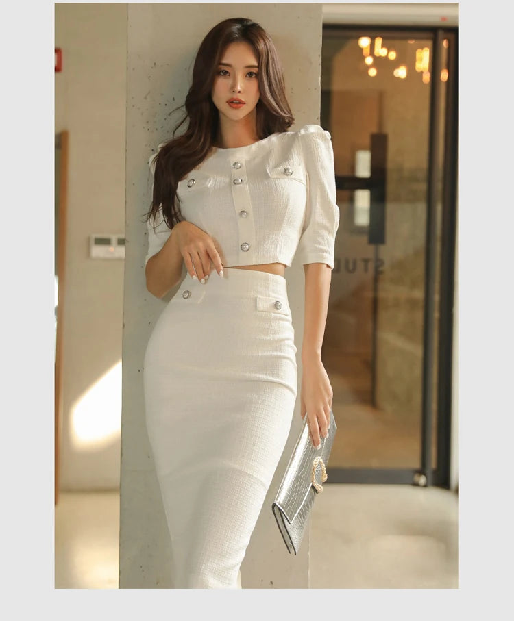 Aiertu  Queen Hot Sale Spring White 2 Pieces Set Women Short Tops + High Waist Pencil Skirts Casual Simple Office Lady Skirt Suit Aiertu