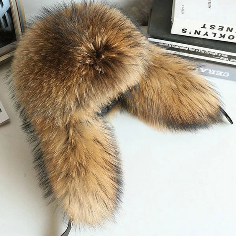 AIERTU  - Fur Hat Women Black Fox Fur Ushanka Hats Winter Warm Ears Bomber Cap Thick Hat Windproof Ear Flaps Middle Aged Cold Weather Aiertu