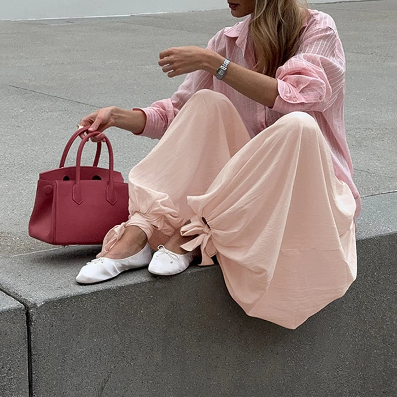 AIERTU  -  Summer Spring Strapped Lantern Pants High Waist Elastic Loose Sweet Girl's Party Long Ruched Pink Trousers Clubwear Aiertu