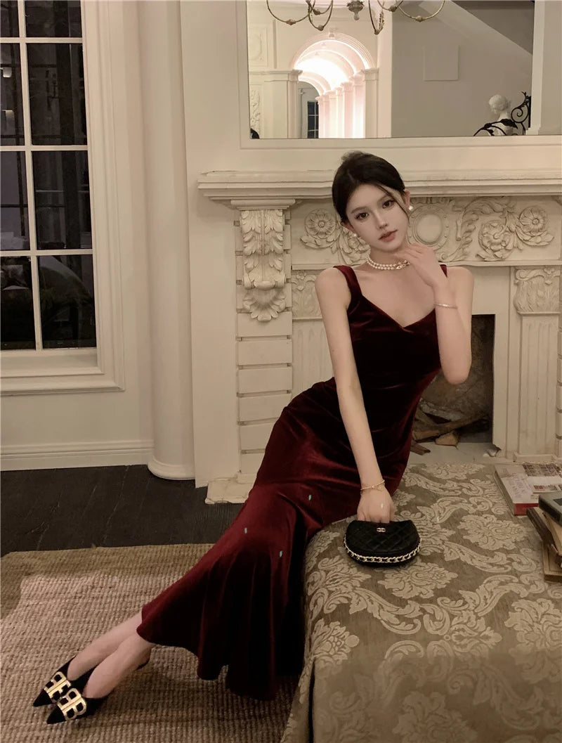 AIERTU  -  French Style Vintage Wine Red Camisole Long Dress Elegant Women Spring Autumn Solid Slim Mermaid Ladies Evening Party Robe New Aiertu