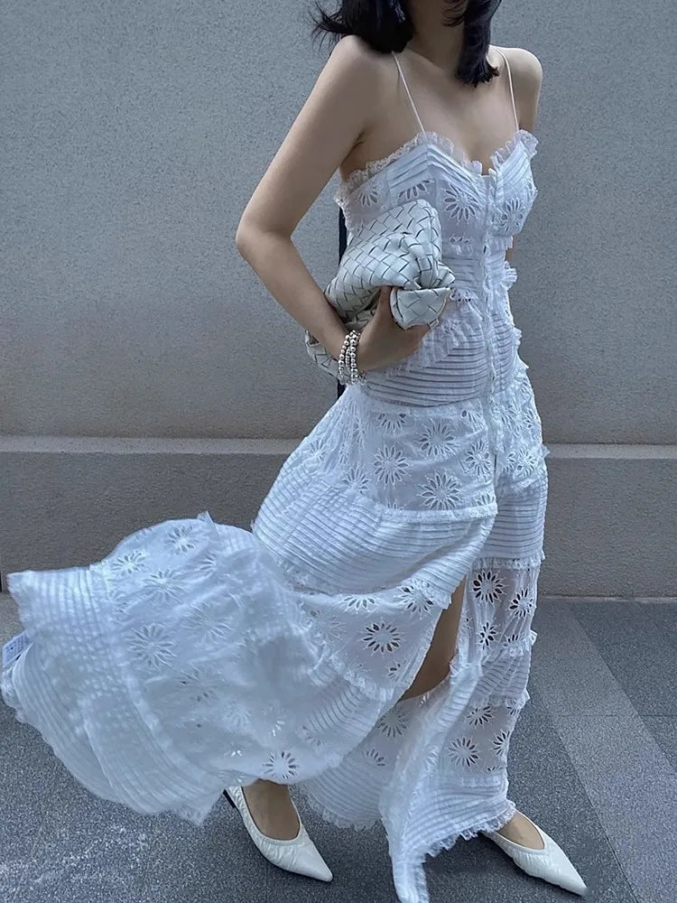 Aiertu White Suspender Embroidered Dress For Women'S Summer High-End Hollowed Out Design, Elegant And Chic Long Skirt Aiertu