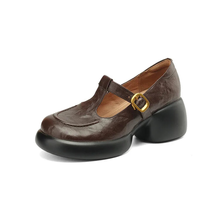 Aiertu NEW Spring/Autumn Women Pumps Genuine Leather Shoes for Women Round Toe Mary Janes Chunky Heel Women Pumps Buckle Platform Shoes Aiertu