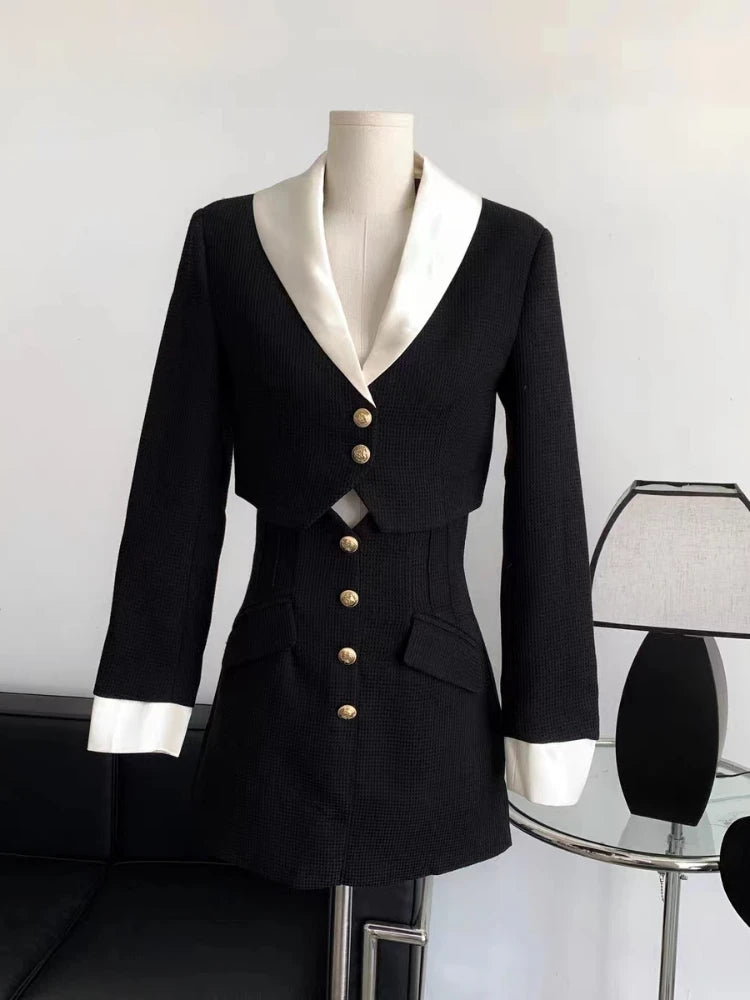 Aiertu Winter Elegant Blazer Skirt Set Outfits Black Fashion 2 Piece Set Office Lady Y2k Crop Tops Slim Mini Skirt Woman Korean Aiertu